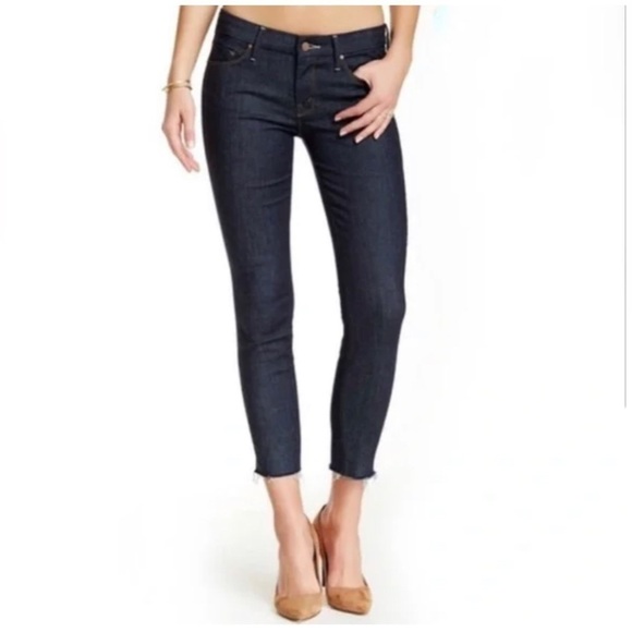 MOTHER Denim Looker Ankle Fray Jeans in So Good Dark Wash Raw Hem - Picture 1 of 9
